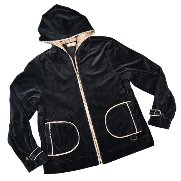 Onque Casuals Tops - Vintage Y2K Jacket Velour Full Zip Hoodie Black Leopard Animal Print Trim Medium